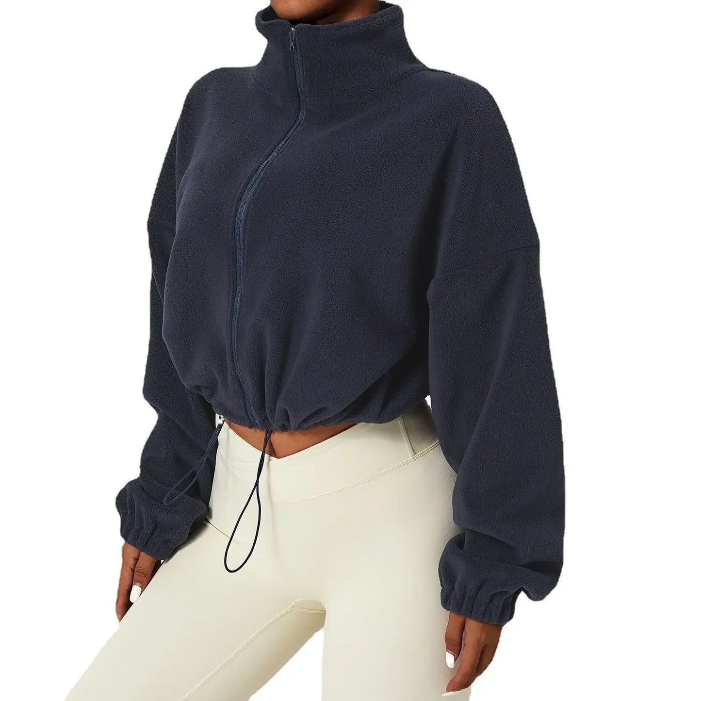 Women Loose Cropped Jacket Loose Zipper Sweatshirt Long Sleeve Coat Cardigan Sportswear Streetwear Drawstring Tops Clothing