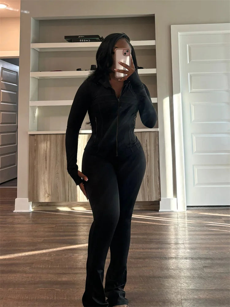 Autumn And Winter New Long Sleeves Zipper Crop top Suits Tracksuits Women's Suits Fashion Pants Female Soild 2 Piece Sets