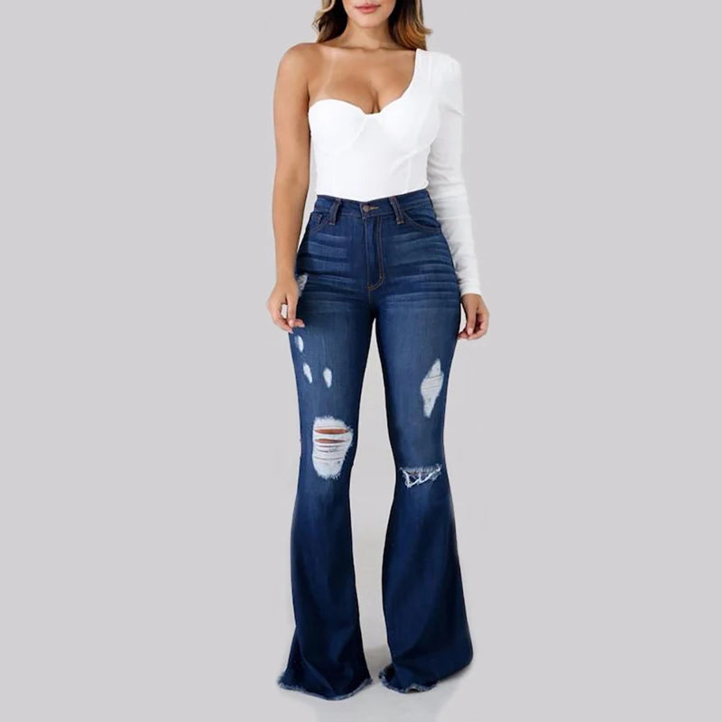 New High Waist Ripped Flared Jeans For Women Fashion Stretch Slim Denim Pants Casual Female Clothing S-3XL