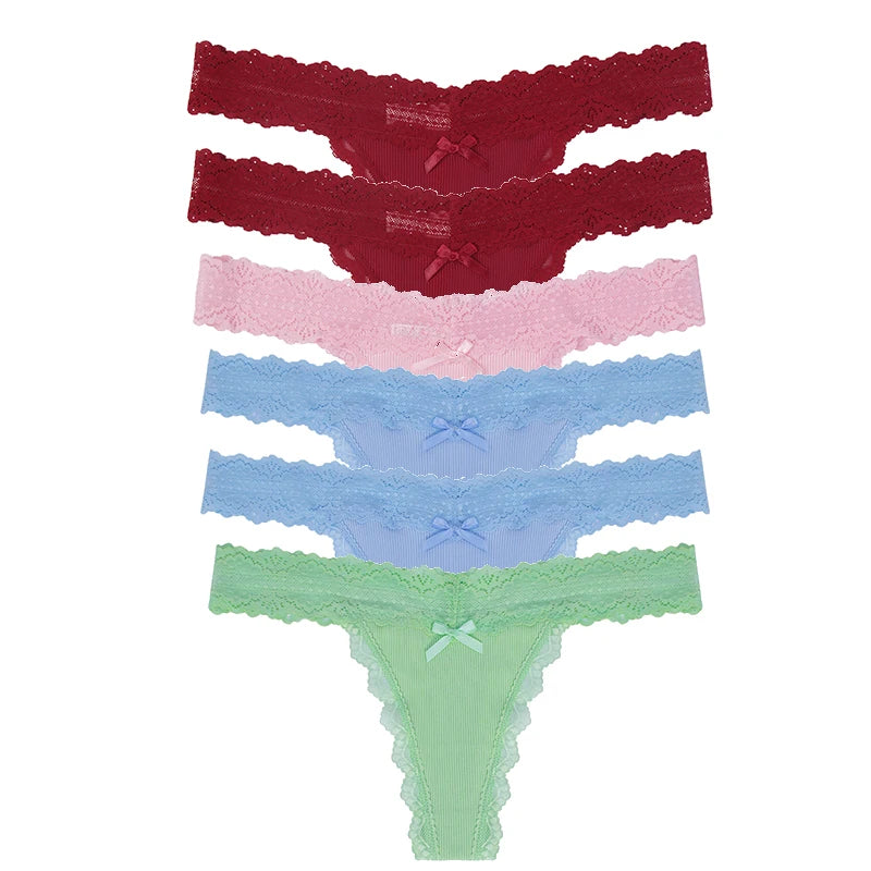 6pcs/set Perspective Floral Panties Women Lace Thongs Low Waist Comfortable Solid Ladies G-string Bow Female Sexy Underwear