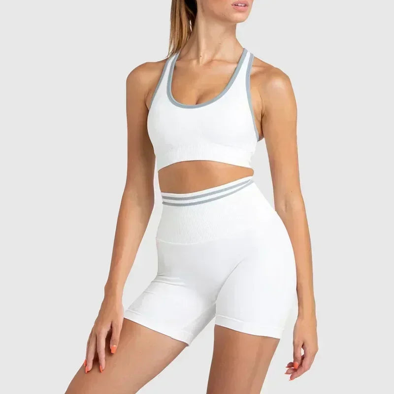 Seamless Yoga Sets Sports Fitness High Waist Hip Raise Pants Long-Sleeved Backless Suit Workout Clothes Gym Shorts Set for Women