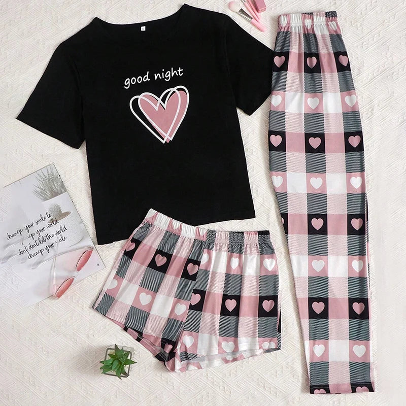 Women's 3 Piece Short Sleeve Crew Neck Top With Shorts And Pants Loungewear Sleepwear Lounge Sets Nighty Print Casual Pajama Set