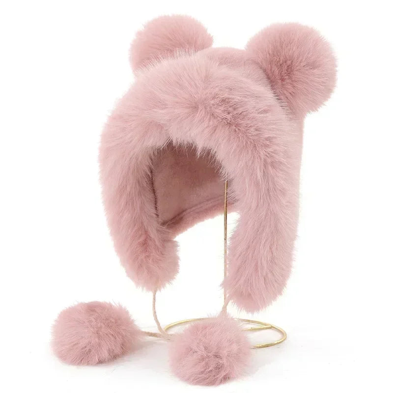 Women Cute Bear Ear Kawaii Fox Fur Hat Imitation Mink Plush Winter Warm Thickened