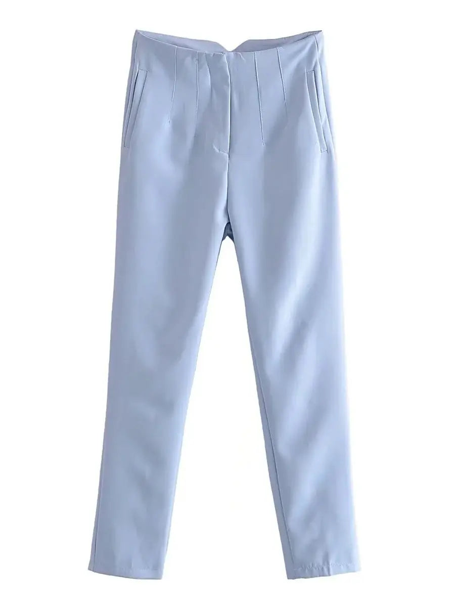 Women Light Blue Chic Fashion Office Wear Straight Pants Vintage High Waist Zipper Fly Female Trousers Fashion 2025 Pants