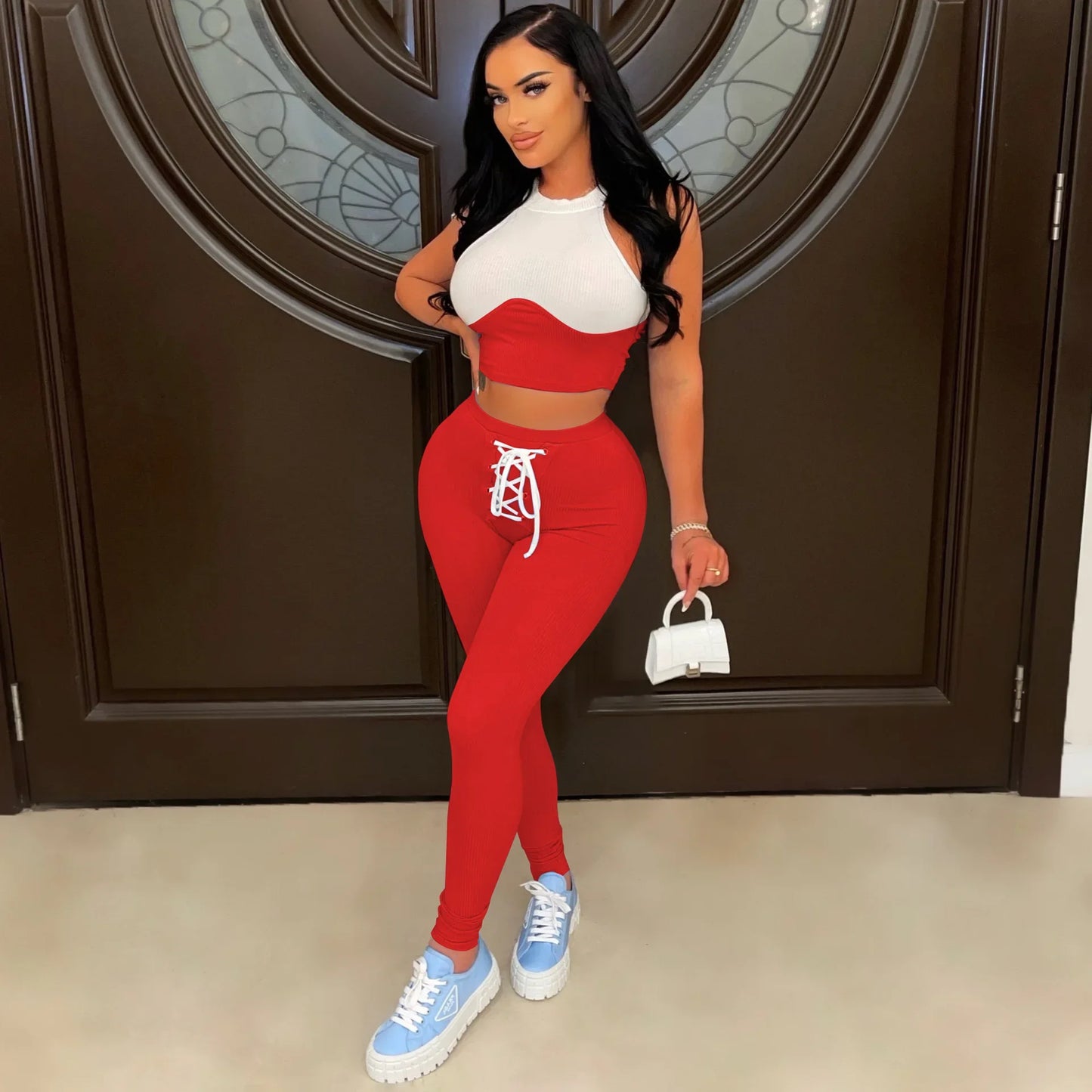 Elegant Knit Women's Set Patchwork Tank Top and Lace Up Shorts Tracksuit Two 2 Piece Set Fitness Outfit Sweatsuit