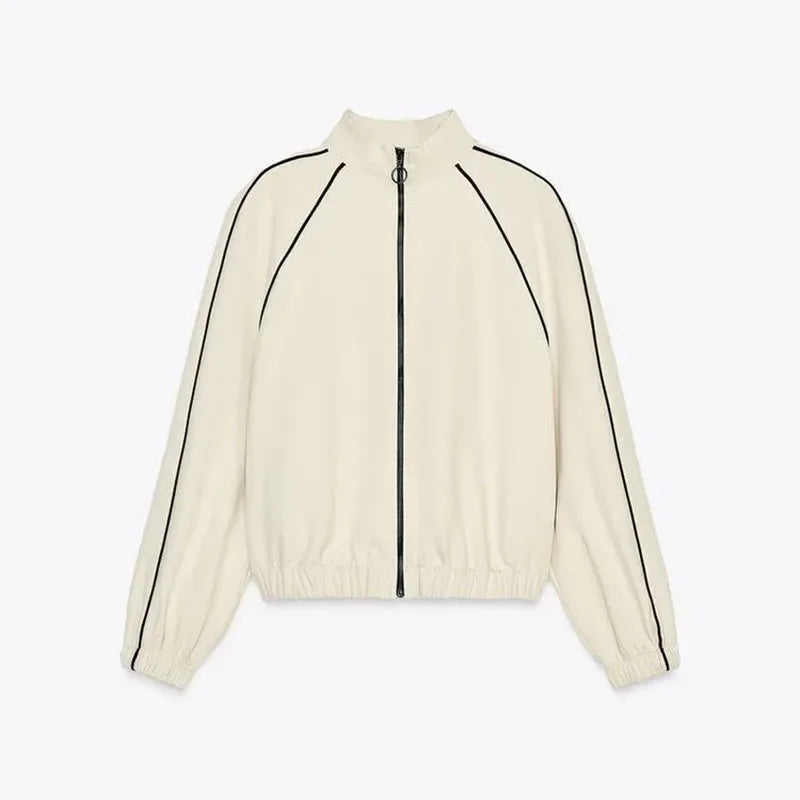 Striped Sports Coat Pants Set Women Loose Full Sleeve Stand Collar Top High Waist Wide-leg Pants 2025 Spring New Lady Tracksuit