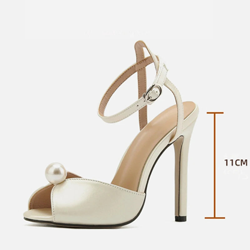High Quality Cozy Silk Peep Toe 11CM Thin Heels Gladiator Heels Women Fashion Pearl Designer Shoes Ankle Strap