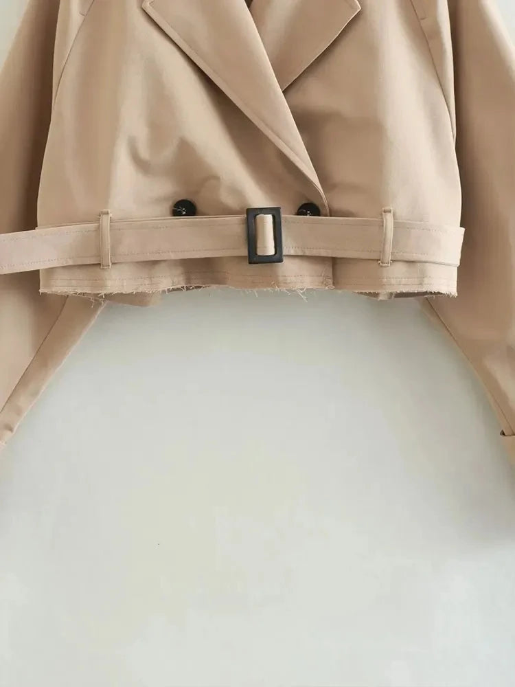Belt Cropped Trench Spring Jacket Women Vintage Streetwear Double Breasted Long Sleeve Top Female Coat Outfits