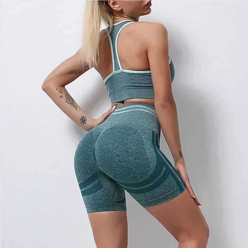 Seamless Yoga Sets Sports Fitness High Waist Hip Raise Pants Long-Sleeved Backless Suit Workout Clothes Gym Shorts Set for Women