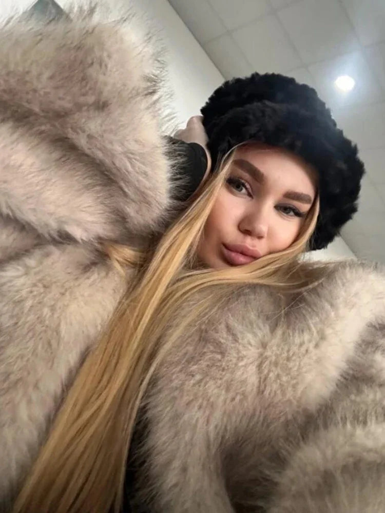 Women Warm Furry Long Sleeve Loose V Neck Female Outerwear Autumn Winter Fashion Street All Match Lady Overcoat