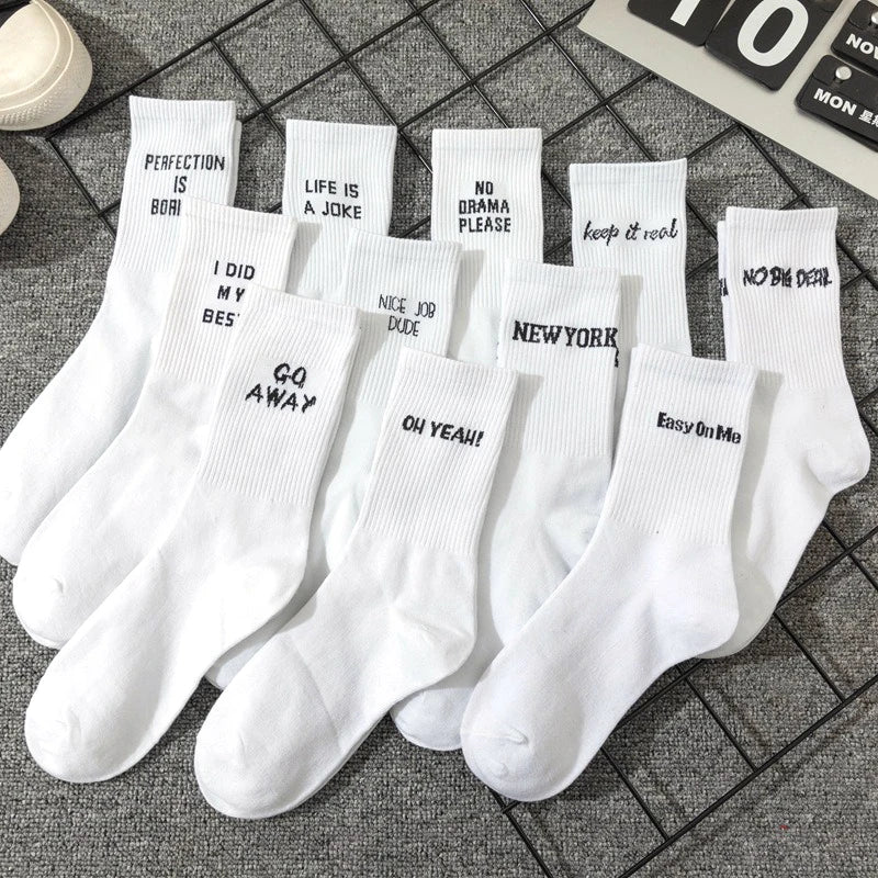 Simple European and American street letters white women's socks
