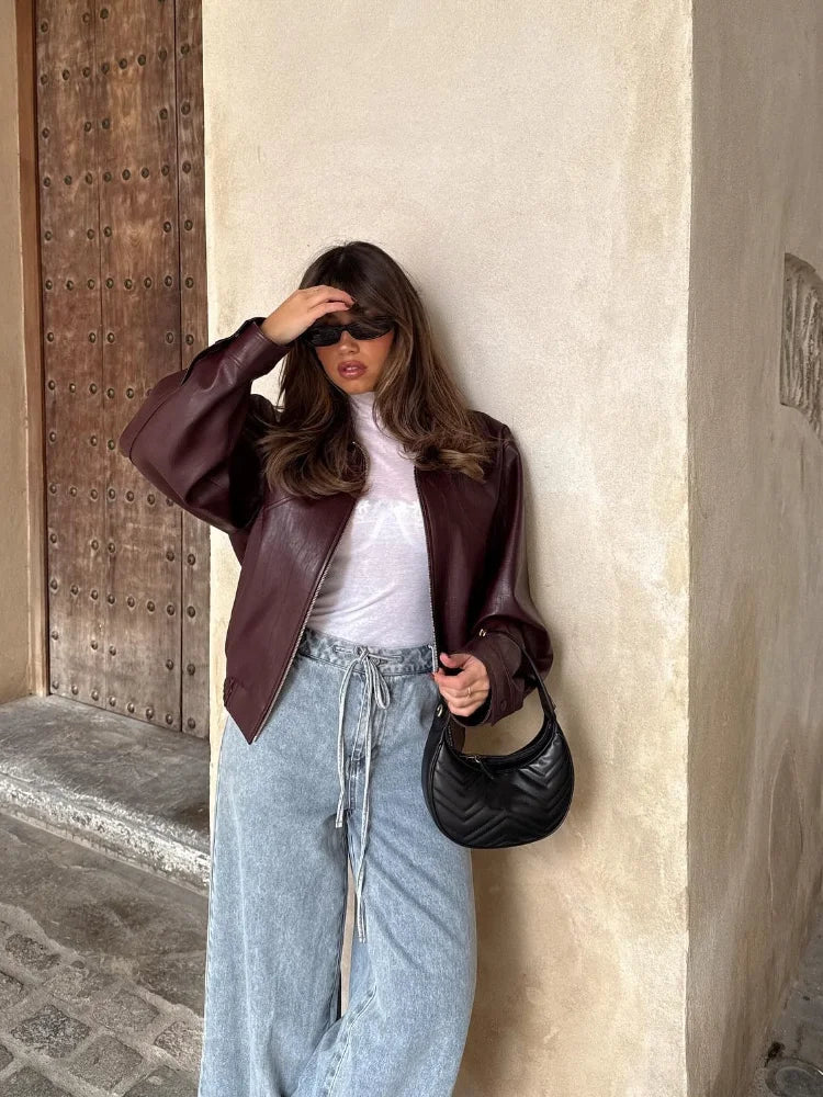 Women's Warm Jacket Elegant Long Sleeves Zipper Crop Coats Autumn Female Commuting Street Tops 