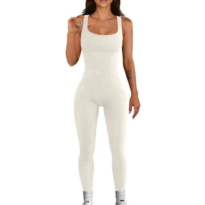 Women Workout Seamless Jumpsuit Yoga Ribbed Bodycon One Piece Square Neck Leggings Romper