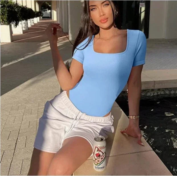 Summer sexy short sleeve ribbed square neck thong bodysuits one piece square bodysuits tummy control body shapers
