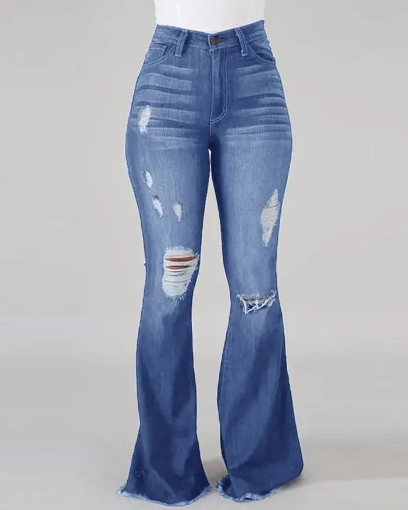 New High Waist Ripped Flared Jeans For Women Fashion Stretch Slim Denim Pants Casual Female Clothing S-3XL