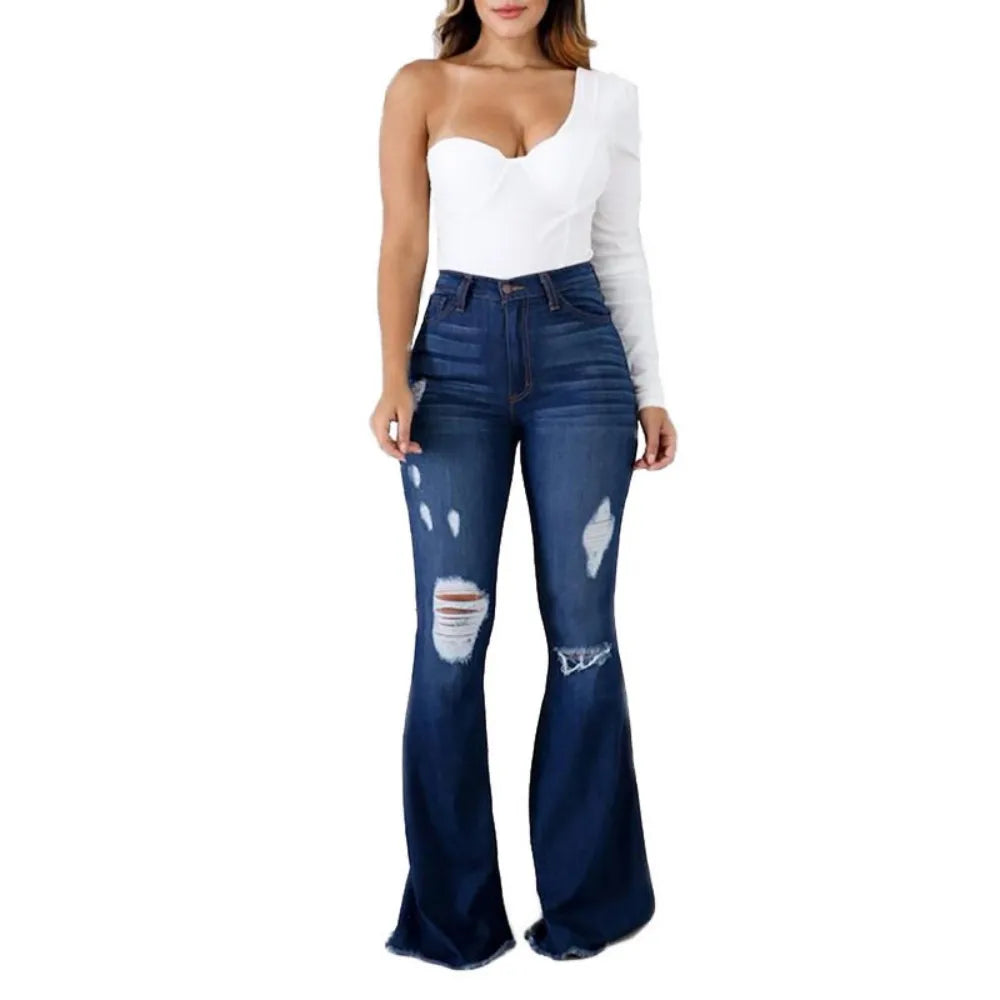 New High Waist Ripped Flared Jeans For Women Fashion Stretch Slim Denim Pants Casual Female Clothing S-3XL