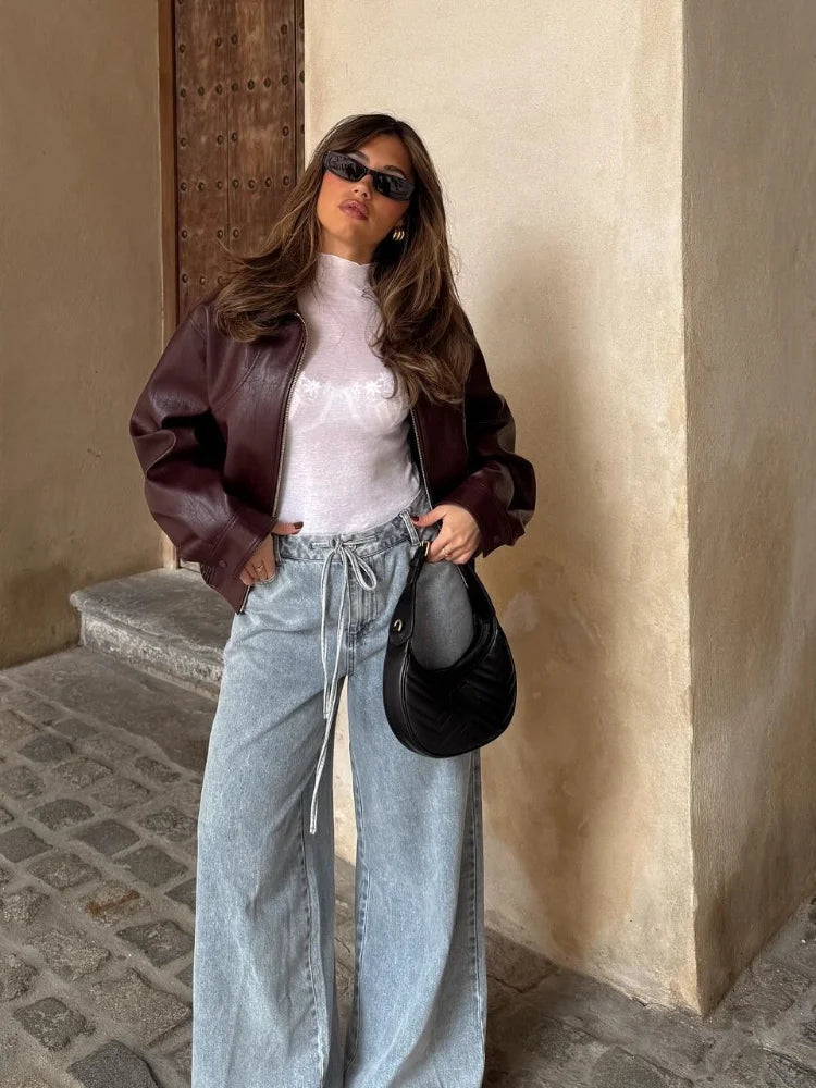 Women's Warm Jacket Elegant Long Sleeves Zipper Crop Coats Autumn Female Commuting Street Tops 