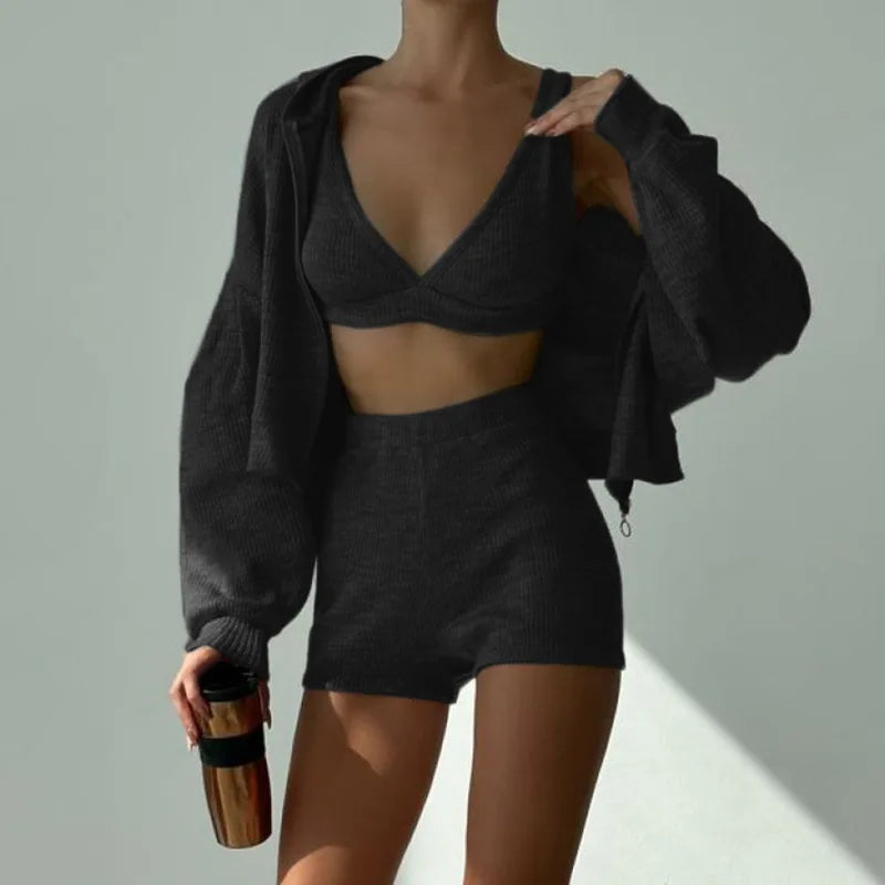Seatsuits for Women's 3-Piece Casual Sport Outfit, V-Neck Tank Top, High-Waist Shorts Zip Hoodie, Sweatshirt Jogger Tracksuit