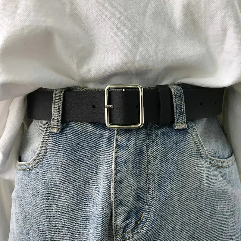 2023 Women Belt Soft Pu Leather Belt Square Buckle Pin Buckle Jeans Black Belt Chic Luxury Brand Fancy Vintage Belt Female
