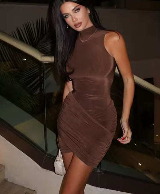 Mini Dress Woman Summer Sexy Solid Half High Collar Sleeveless Trend Chic Party Clubwear Skinny Bodycon
