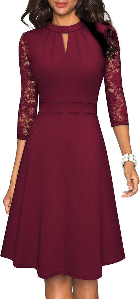 Elegant Hollow Out Lace Sleeves Swing Pleated Party Cocktail Dress for Women.
