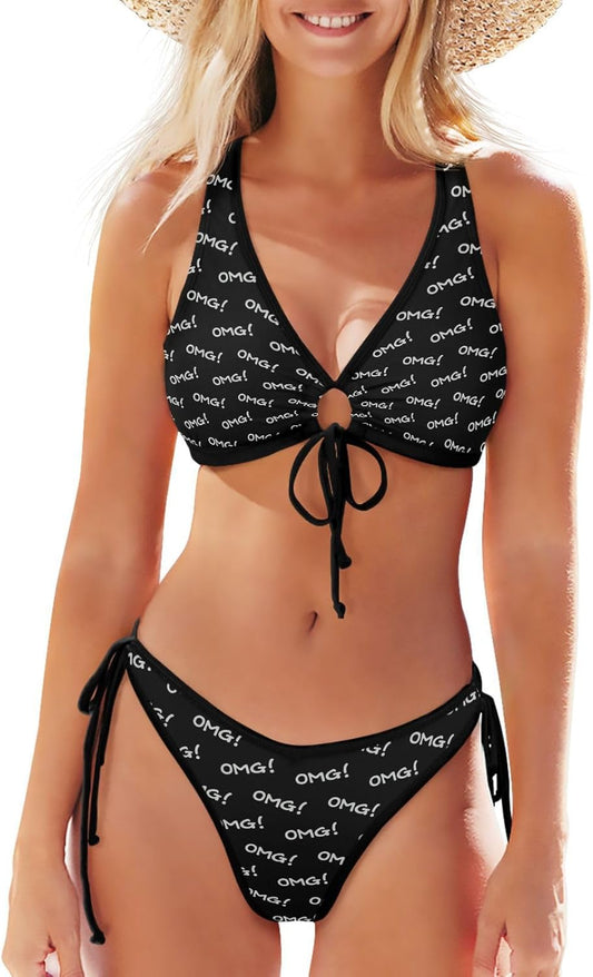 OMG! Lettering Women's 2 Piece Bikini Set Front Cross Lace Up Swimsuit