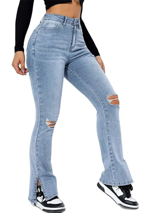 New Jeans With High Waist Ripped Leg And Slim Fit Stretch Denim Casual Pants With Straight Legs