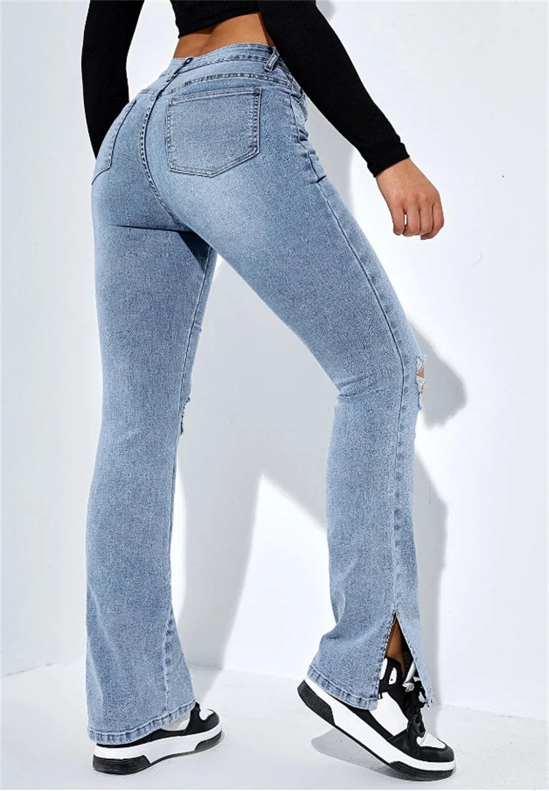 New Jeans With High Waist Ripped Leg And Slim Fit Stretch Denim Casual Pants With Straight Legs