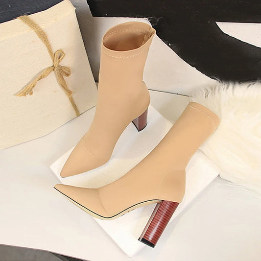 Women Ankle Boots Square High Heels Pumps Fall Fashion Comfort Stretch Fabric Sock Boot Femme Party Dress Shoes