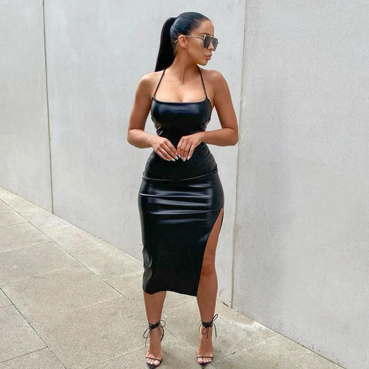 Women Sexy Suspender Mid-length Bodycon Dress Fashion Solid Color Leather Bandage Backless Skinny Split Dress For Female