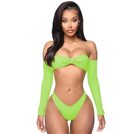 Sexy Solid Color Halter Off-the-shoulder Long Sleeve Two Piece Bikini Beachwear Halter Women Swimsuit Custom Ladies Swimwear