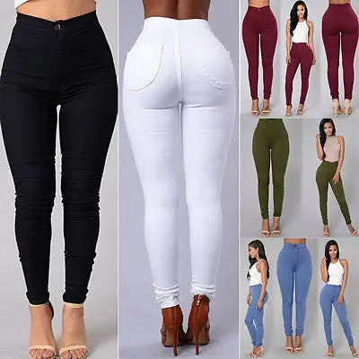 Women Denim Skinny Jeggings Pants High Waist Stretch Jeans Pure Color Slim Pencil Pants