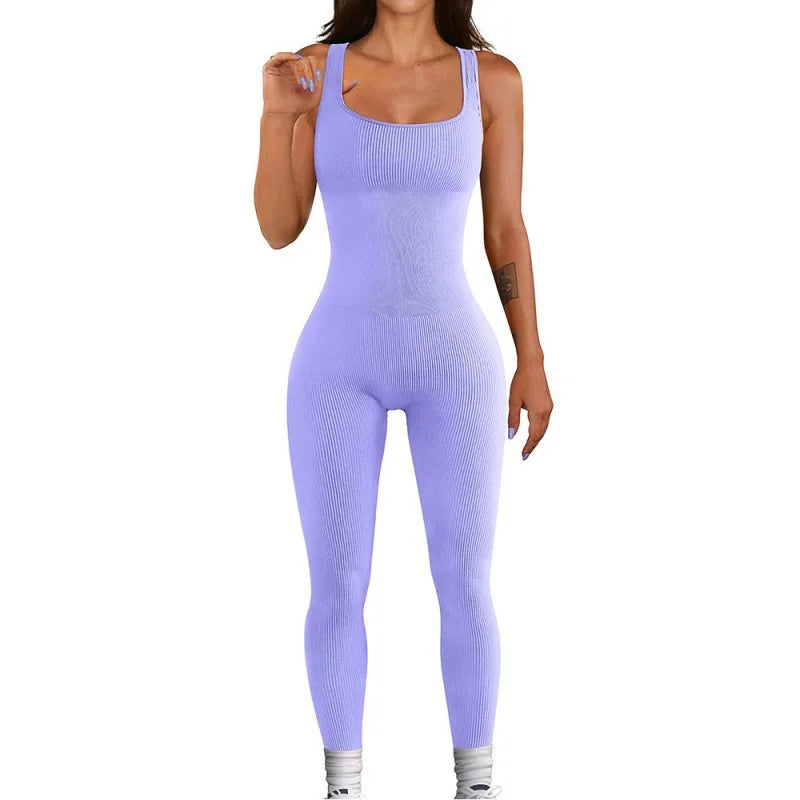 Women Workout Seamless Jumpsuit Yoga Ribbed Bodycon One Piece Square Neck Leggings Romper