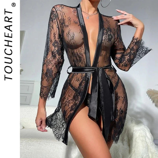 Sexy Lingerie Sexy Nightgown for Women See-through Lace Print Deep V Neck Home Ultra-thin Lace Up Nightgown Set New