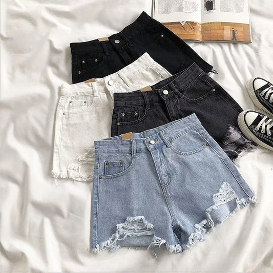 Women Summer Fashion Casual High Waist Ripped Jeans Pocket Tassel Y2K Hot Pants Streetwear Blue Trousers