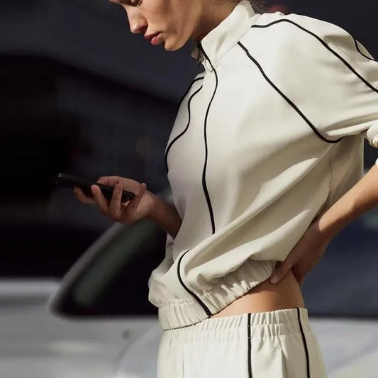 Striped Sports Coat Pants Set Women Loose Full Sleeve Stand Collar Top High Waist Wide-leg Pants 2025 Spring New Lady Tracksuit