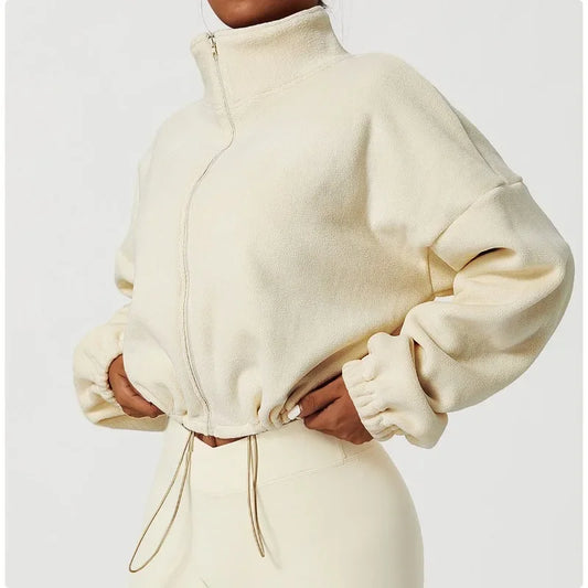 Women Loose Cropped Jacket Loose Zipper Sweatshirt Long Sleeve Coat Cardigan Sportswear Streetwear Drawstring Tops Clothing