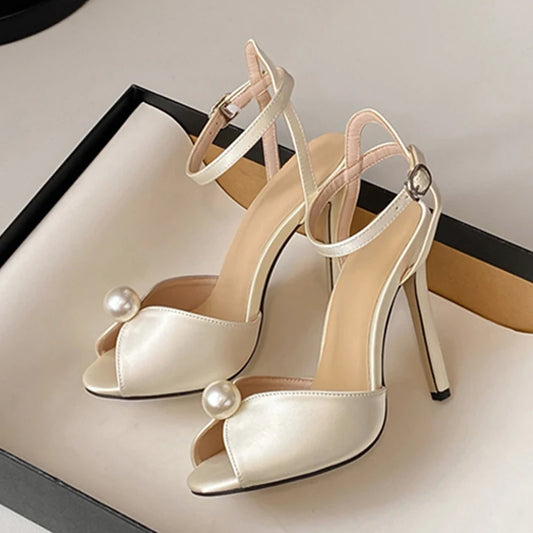 High Quality Cozy Silk Peep Toe 11CM Thin Heels Gladiator Heels Women Fashion Pearl Designer Shoes Ankle Strap