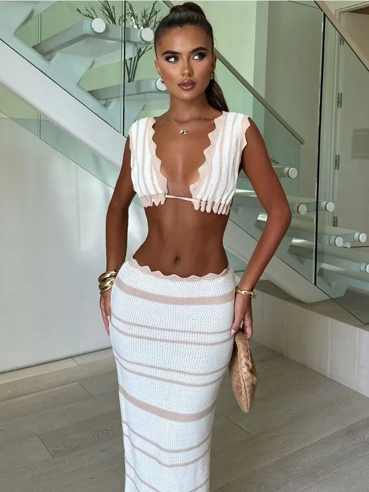 TOSI Knitted Striped 2 Piece Set Long Skirt Female Ruffled V-Neck Casual Beach Holiday Contrasting Outfits Knitted Maxi Skirt Sets
