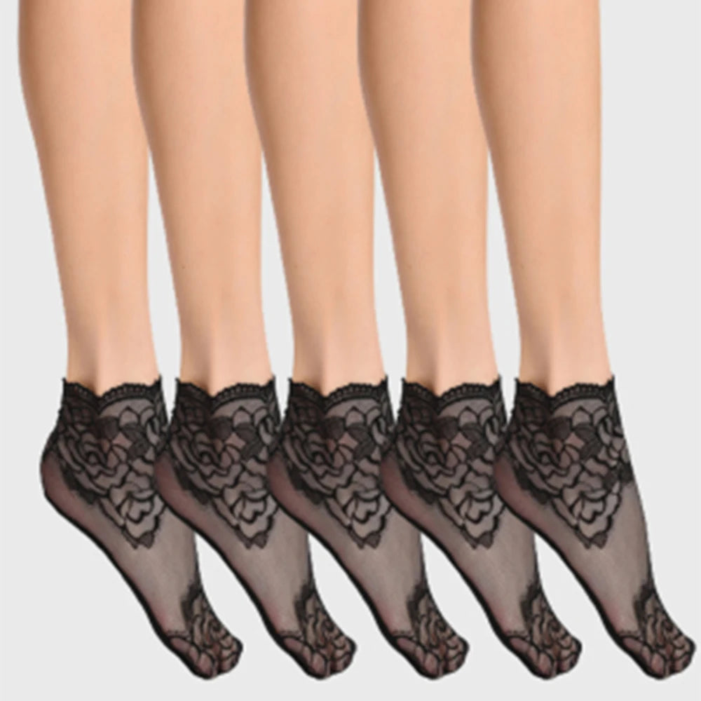 5 Pairs Vintage Lace Women's Socks Summer Mesh Elastic Transparent Ankle Socks Lolita Women's Versatile Fishing Net Black Socks