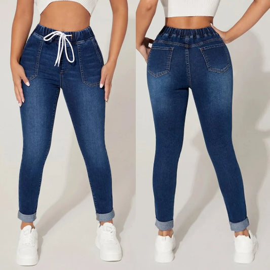 2023 Autumn and Winter Women's High Stretch Elastic Waist Drawstring Jeans Fashion Skinny Slim Ankle-Length Denim Pencil Pants