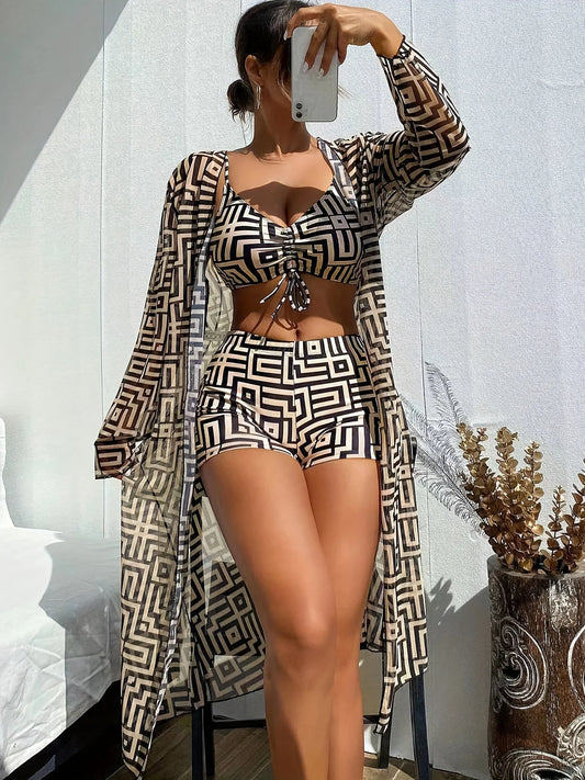 Chic Three-Piece Swimsuit Set Geometric Print, Long Sleeve Beach Cover-Up, Bikini Set for Swimming, Beachwear Swimwear Women