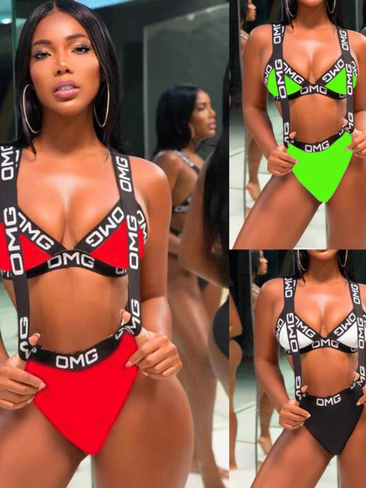 Women Swimsuit Push-up Bikini Swimwear High Waist Bathing Suit OMG Letter Print One Piece Monokini Beachwear Bathing Suit