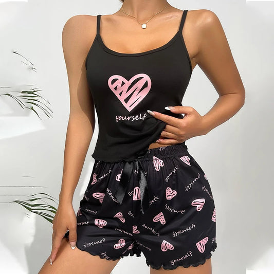 Summer Women's Milk Silk Sleeveless Camisole Shorts Pajama Set with Heart Print Casual Sleepwear Two-Piece Set