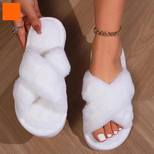 Autumn home anti slip flat bottomed couple style fashionable and simple open toed hairy slippers