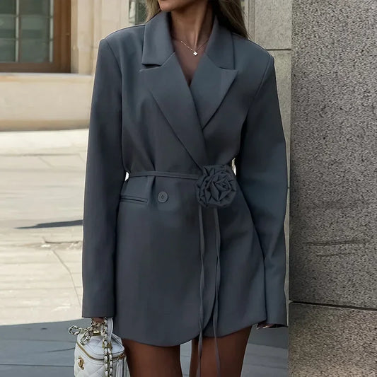 Fashion Flower Belt Blazers Office Women's Loose With Pockets Long Sleeve Coat Solid Color Casual Blazers Spring New