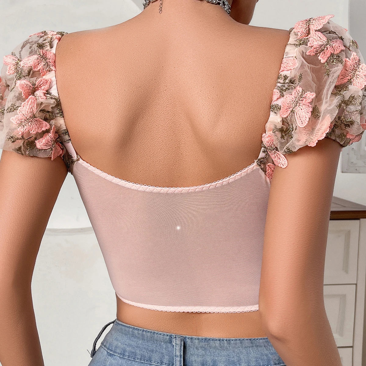 Butterfly Embroidery Sexy Lingerie Mesh See-through V-Neck Backless Boho Chic Streetwear Y2k Women Underwear Set