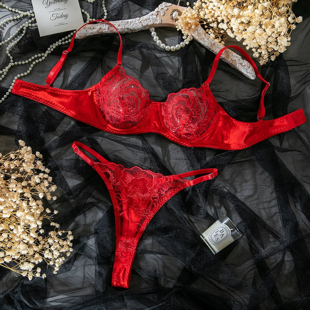 Embroidery Lingerie Set Women's 2-Piece Bra + Panty Underwear Set Red Valentine's Day Intimates