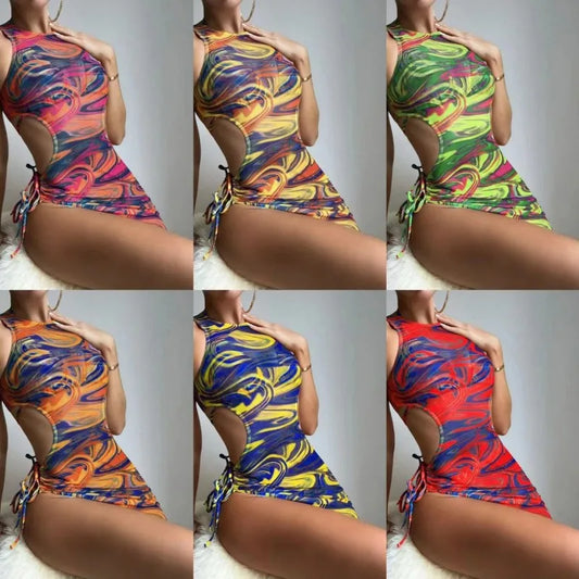 Fashion and Sexy Bikini Three Piece Set with Hollow Out Straps and Drawstring Luxury Tie Dye Swimsuit Bathing Suit Women 수영복