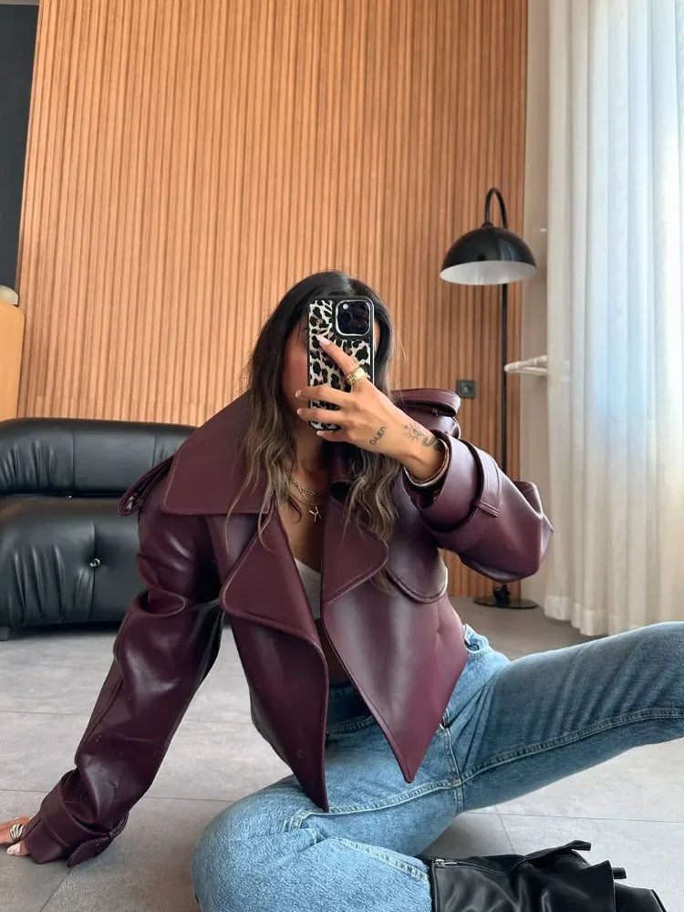 New Women Burgundy Lapel Leather Jackets Fashion Casual Loose Pockets Long Sleeve Coats Spring Female High Street Outerwear
